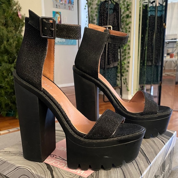 black glitter block heels